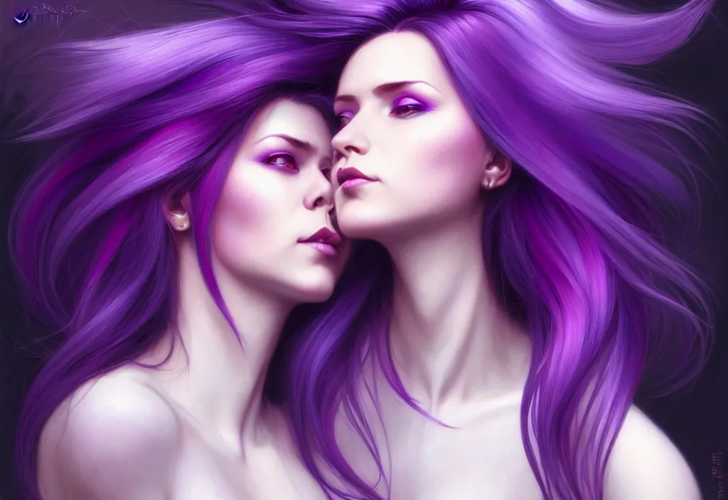 Image similar to Purple hair relistic Portrait of a two woman with bright colored flying hair, all shades of purple. Beauty face, Hair coloring, fantasy, intricate, elegant, highly detailed, digital painting, artstation, concept art, smooth, sharp focus, illustration, art by artgerm and greg rutkowski and alphonse mucha