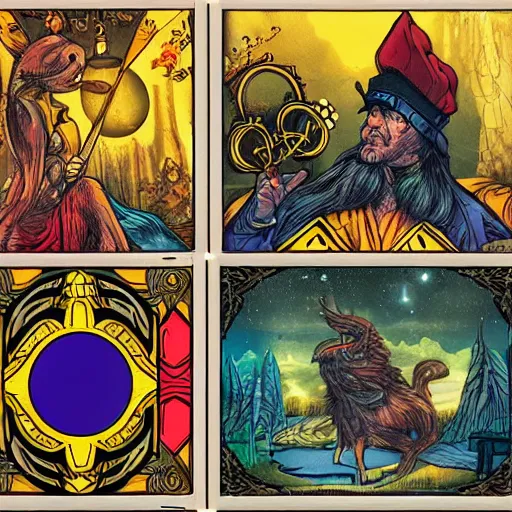Prompt: tarot cards with symbols and sceneries by peter klasen, artstation, hd, ultra detailed
