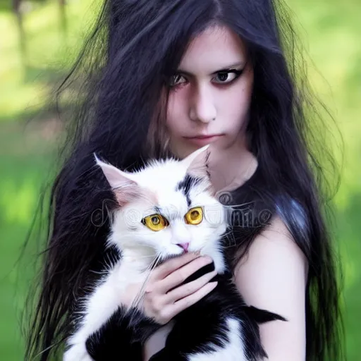 Image similar to a girl with long messy dark hair, ( ( ( goth style ) ) ), shiny eyes, holding a cat in her arms, a stock photo by juan villafuerte, pexels contest winner, high quality photo, rtx, hd, rasquache