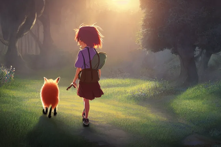 Prompt: a young girl walking to school with her pet fox, matte painting in the style of studio ghibli, early morning light, sunrise, cinematic lighting