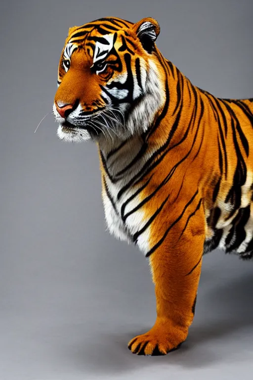 Image similar to Anthropomorphic Tiger on the catwalk, Fullbody