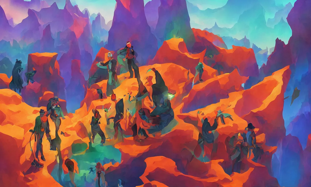 Prompt: kerberos, hackers with staff and hats, directory, identity, firewall broken, colorful mountains, 3 d art, digital illustration, perfect lighting