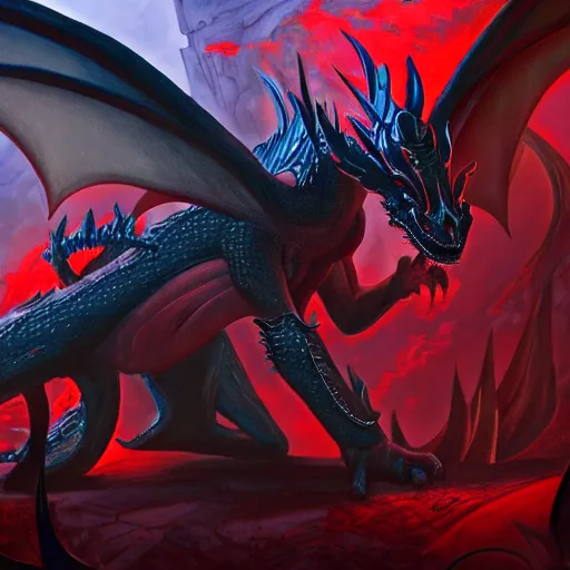 Image similar to the return of nicol bolas the dragon god, in the style of magic the gathering, black and blue and red color scheme, d & d, fantasy, art by raymond swanland and svetlin velinov, intricate detail, cinematic, 8 k, cel shaded, unreal engine, featured on artstation, pixiv