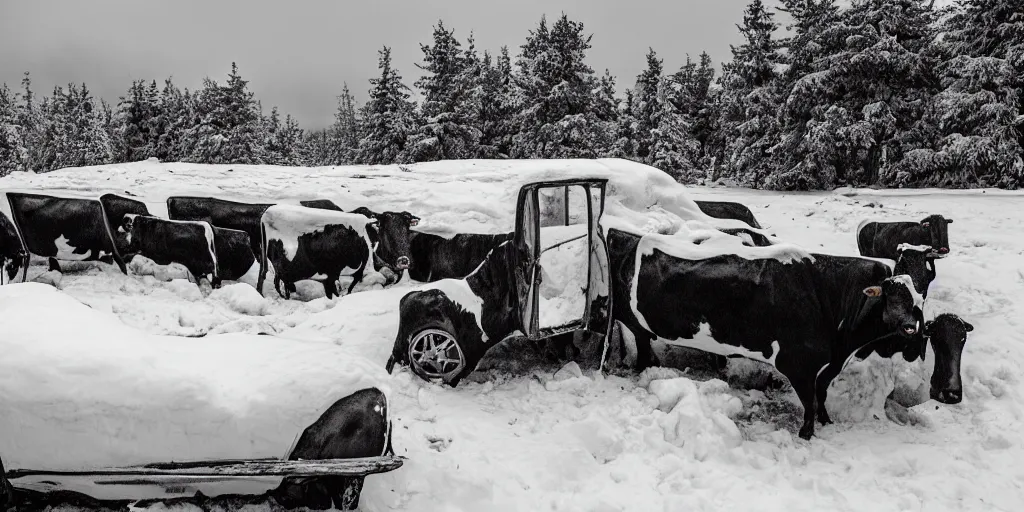 Prompt: a geo tracker parked in snow, surrounded by a herd of cows, photography