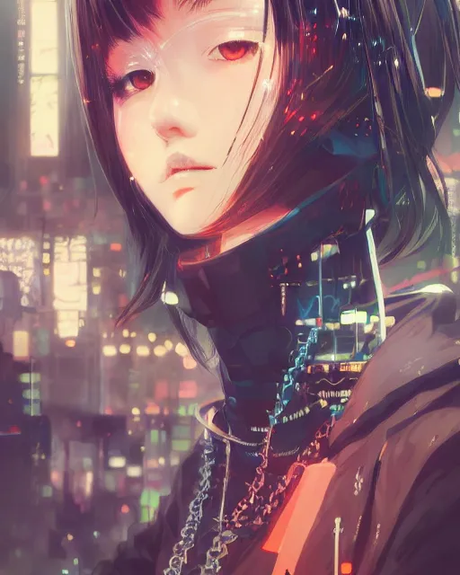 Image similar to kyoto animation, cool lady wearing cyberpunk intricate streetwear, beautiful, detailed portrait, cell shaded, 4 k, concept art, by wlop, ilya kuvshinov, artgerm, krenz cushart, greg rutkowski, pixiv. cinematic dramatic atmosphere, sharp focus, volumetric lighting, cinematic lighting, studio quality