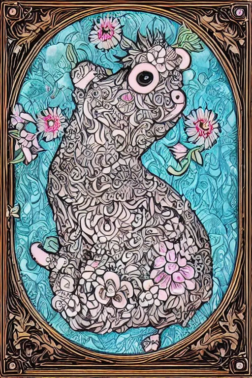 Image similar to Painted dark-wood panel relief carving of a Flowerpunk Piglet, White and pale blue toned, ornate border frame, explosion of colorful flowers, dark wood, intricately carved, black ink, festival of rich colors, intricate details, cinematic lighting, volumetric lighting, post-processing, art nouveau, tarot, fractal art, mandala, by andreas rocha and john howe, and Martin Johnson Heade, featured on artstation, featured on behance, golden ratio, hyper detailed, photorealistic, epic composition, center spotlight, f32, well composed, symmetrical, UE5, 8k