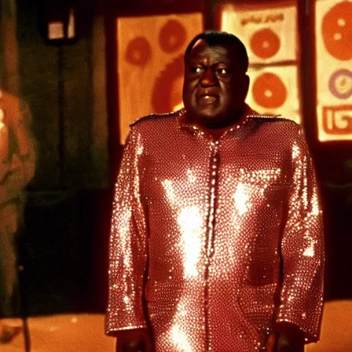 Prompt: A movie still of Idi Amin wearing a disco suit in Satuday Night Fever