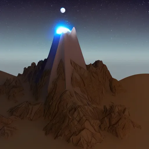Prompt: 3 d game design of a mountain with a beam of light coming out of the top and a city at the bottom of it, there is lots of random shapes in the night sky, 3 d game design