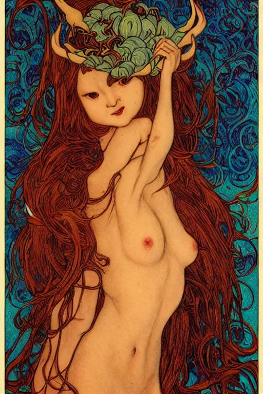 Prompt: Devil by Audrey Kawasaki in the style of Gaston Bussière, art nouveau