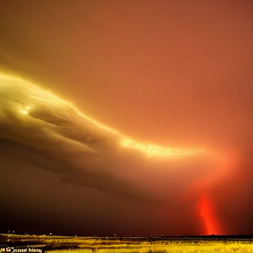 Prompt: West Texas storm chaser Laura Rowe captured the picture of a lifetime, fantastic shot of a mature supercell thunderstorm, illuminated at varying heights from the setting sun.