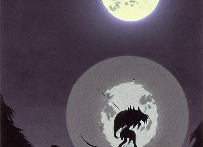 Image similar to a still from a studio ghibli movie of a cartoon shadow demon from princess mononoke ( 1 9 9 7 ), in front of a pale full moon, full body, wide shot, very dull muted colors, studio ghibli, highly detailed, deviantart, art by artgem