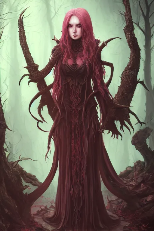 Image similar to satanic witch in the evil forest, fantasy, 8 k resolution, hyper detailed, d & d, character design, digital painting, trending on artstation, sharp focus, illustration, art by artgerm, steve zheng, fuji choko, viktoria gavrilenko, hoang lap