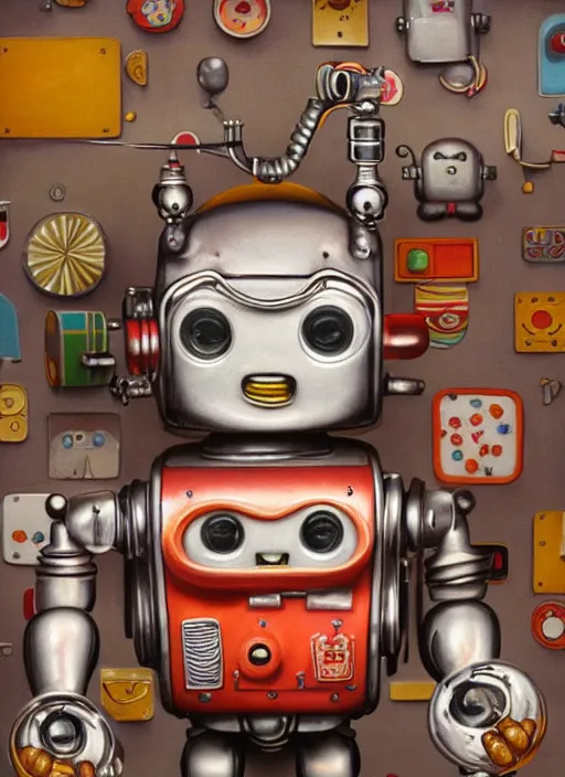 Image similar to highly detailed closeup portrait of a cute tin toy retro robot eating cakes, nicoletta ceccoli, mark ryden, lostfish, earl nore, hyung tae, frank frazetta, global illumination, god rays, detailed and intricate environment