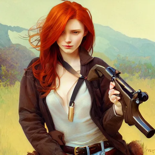 Prompt: a redhead cowgirl holding a revolver, full-body shot, digital painting, smooth, elegant, hd, art by WLOP and Artgerm and Greg Rutkowski and Alphonse Mucha
