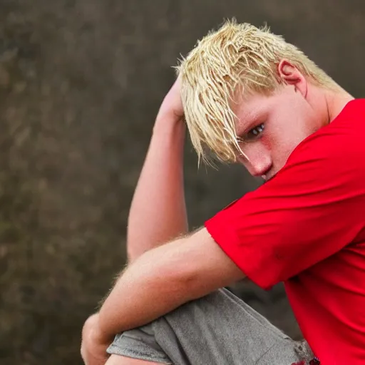 Image similar to sweaty young blond man wearing a soaked red shirt, his hair is wet and messed up, he is sad and lonely