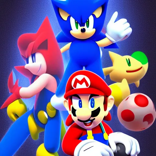 Image similar to super mario, kirby, sonic the hedgehog, super smash bros, star wars themed movie poster high detail accurate eyes and good gesture poses, pokemon anime cartoon style