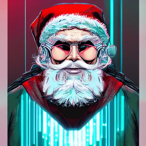 Image similar to cyberpunk santa clause as the leader of a futuristic communist nation, cybernetics, sharp lines, digital, artstation, colored in