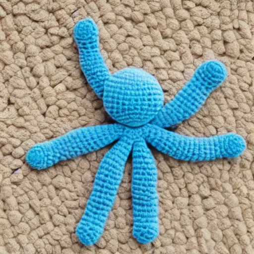 Image similar to cute fluffy light blue color spider crochet doll standing on sand, hyperrealistic photograph, highly detailed, tactile, 8k, close up, macro