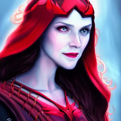 Image similar to Portrait of Wanda the scarlet witch, Marvel, highly detailed, ominous background, artstation, trending on ArtStation, by smile _zPRO