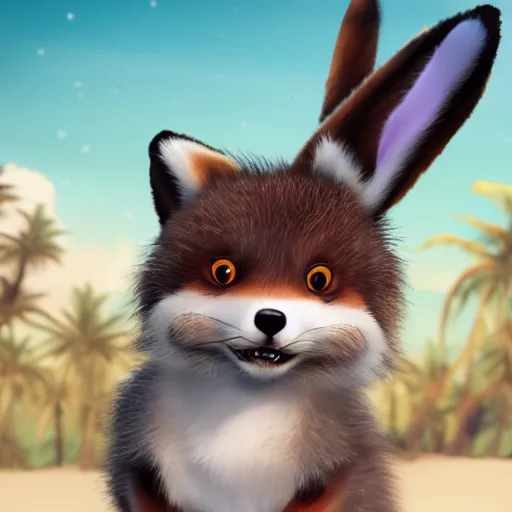 Prompt: a photorealistic adorable chubby charming but vicious fennic fox wolf rabbit hybrid, with long floppy rabbit ears, wearing bows on the top of its head, grinning at the camera with a mischievous look, sharp teeth, happy lighting, at a tropical beach