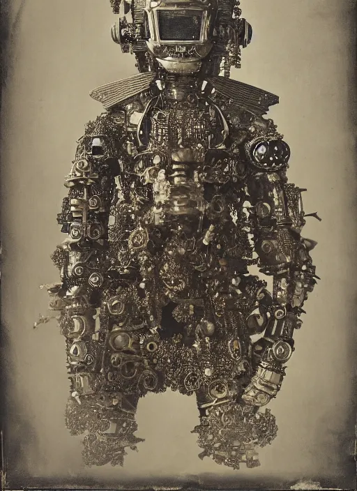 Image similar to old wetplate daguerreotype frame portrait of a futuristic silver armored geisha emperor district 9 cyborg, fractal, intricate, elegant, highly detailed, subsurface scattering, by jheronimus bosch and greg rutkowski and louis jacques mande daguerre