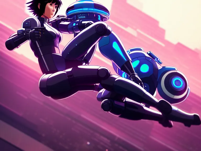 Image similar to a fullbody portrait of motoko kusanagi riding on top of a tachikoma : : stand alone complex, ghost in the shell, netflix : : by ilya kuvshinov, rossdraws, artgerm, sola digital arts, anti aliasing, raytracing : :