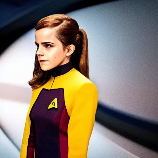 Prompt: Emma Watson in Star Trek, XF IQ4, f/1.4, ISO 200, 1/160s, 8K, Sense of Depth, color and contrast corrected, enhanced, Dolby Vision, symmetrical balance, in-frame