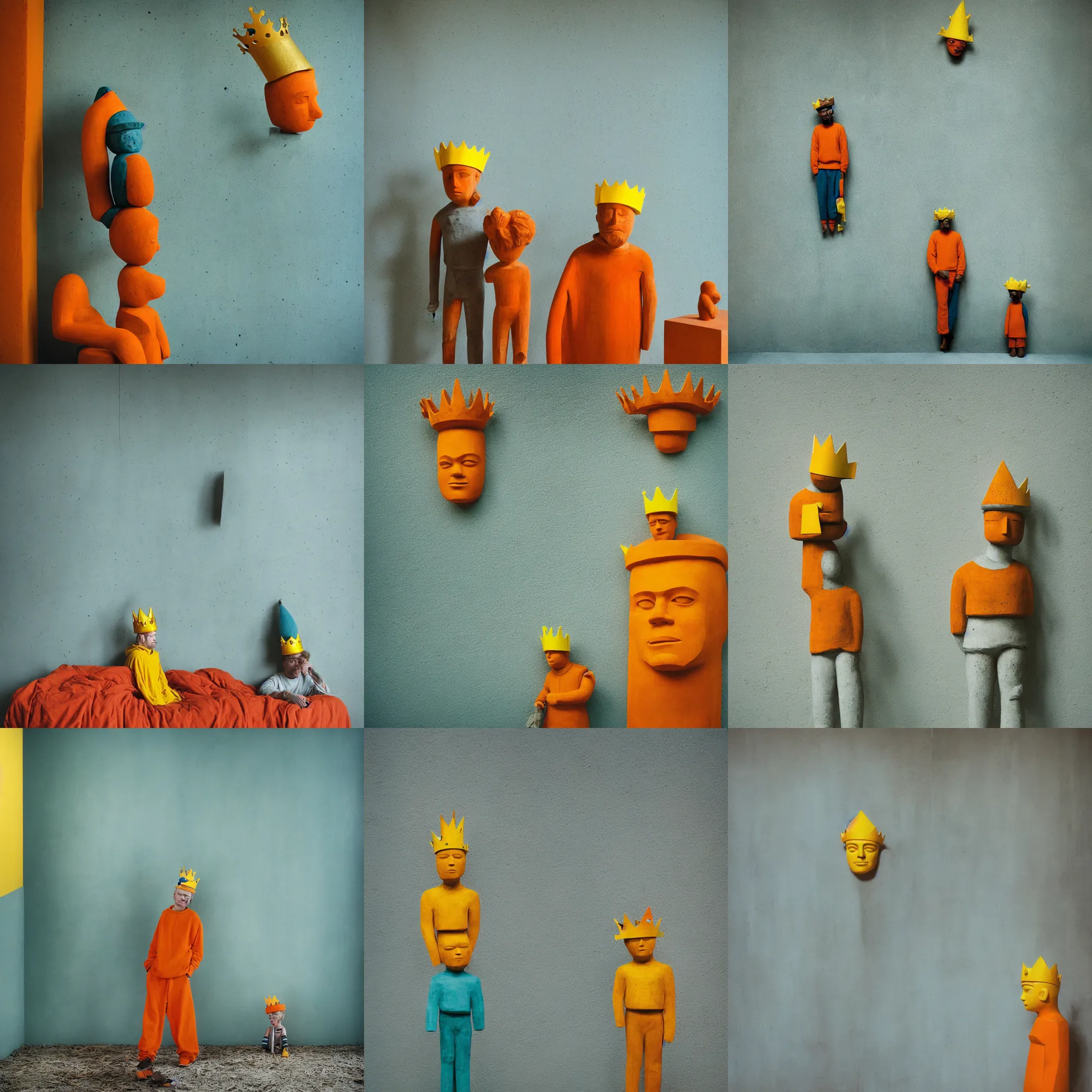 Image similar to kodak portra 4 0 0, 8 k, shot of a highly detailed, britt marling style, colour still - life portrait of a large minimalistic room, rough concrete walls, the rough carved wooden statue of a teal and orange striped little man with a yellow crown on his head, muted colours