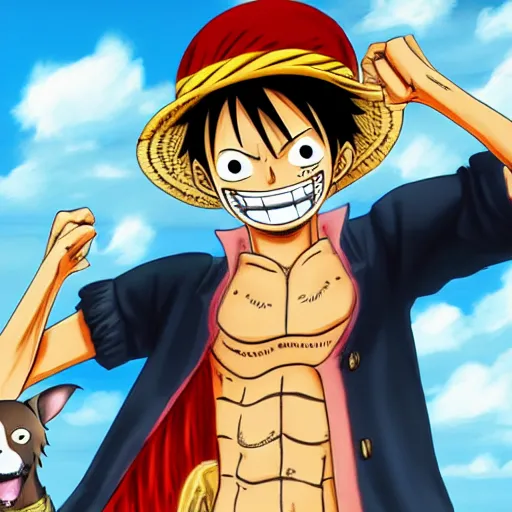 Image similar to luffy from one piece with an australian shepard, on artstation