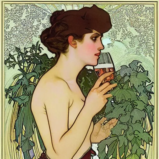 Prompt: “ girl drinking a beer under a tree, art nouveau, very detailed, gold leaf, plants, illustration by alphonse mucha ”