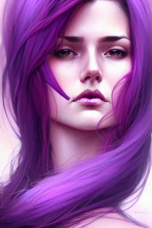 Image similar to Purple hair, creative colouring Portrait of woman face profile, fashion, colored strands of hair, intricate, elegant, highly detailed, digital painting, artstation, concept art, smooth, sharp focus, illustration, art by artgerm and greg rutkowski and alphonse mucha