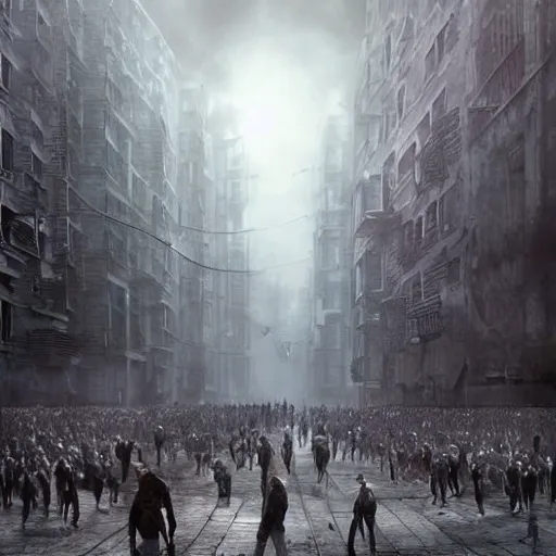 Image similar to hordes of drone-like people aimlessly walking around a depressing dystopian cityscape , trending on artststion, hyper realistic, surreal, melancholic, 8k, upscaled