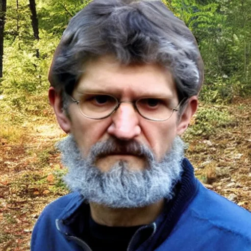Image similar to photograph of ted kaczynski in a serene outdoors wilderness setting