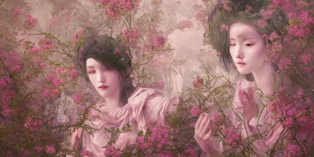 Image similar to breathtaking detailed weird concept art painting of few goddesses of light pink flowers, orthodox saint, with anxious, piercing eyes, ornate background, amalgamation of leaves and flowers, by Hsiao-Ron Cheng, extremely moody lighting, 8K