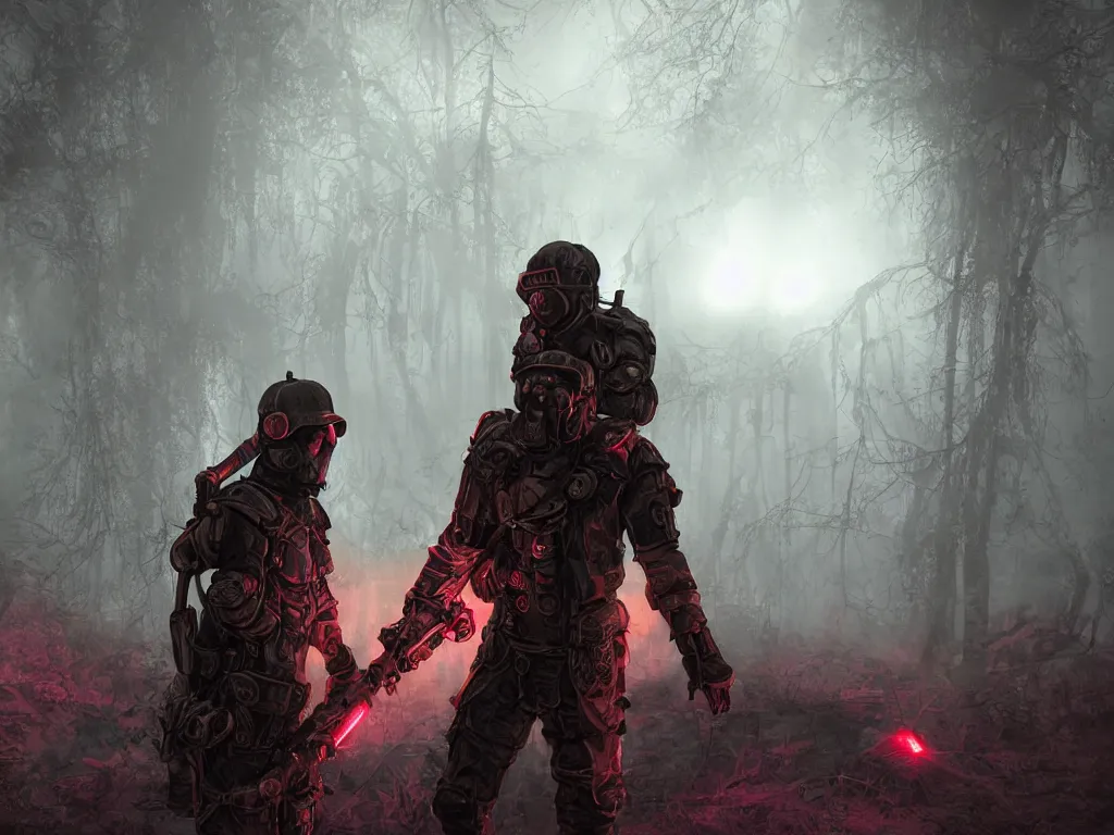 Image similar to between mystical misty swamps a renaissance style soldiers unit in red hoods with dieselpunk-style exoskeletons, armed with edged weapons, battles werewolves. Volumetric lighting bioluminescence, plasma, neon, brimming with energy, electricity, power, Colorful Sci-Fi Steampunk dieselpunk Biological Living, cel-shaded, depth, particles, lots of reflective surfaces, subsurface scattering