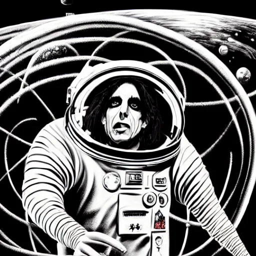 Prompt: graphic illustration, creative design, alice cooper as an astronaut, biopunk, francis bacon, highly detailed, hunter s thompson, concept art