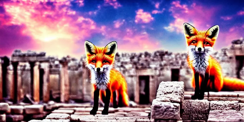 Image similar to a beautiful small fox in the huge ruins of the second temple in jerusalem, dreamy sky, the third temple hovers quietly hiding in the sky above, very colorful painting 8 k trending on art station, intricate superb details, digital art, very very very realistic, cinematic lighting, volumetric lighting, photographic, blur bokeh defocus dof sky.