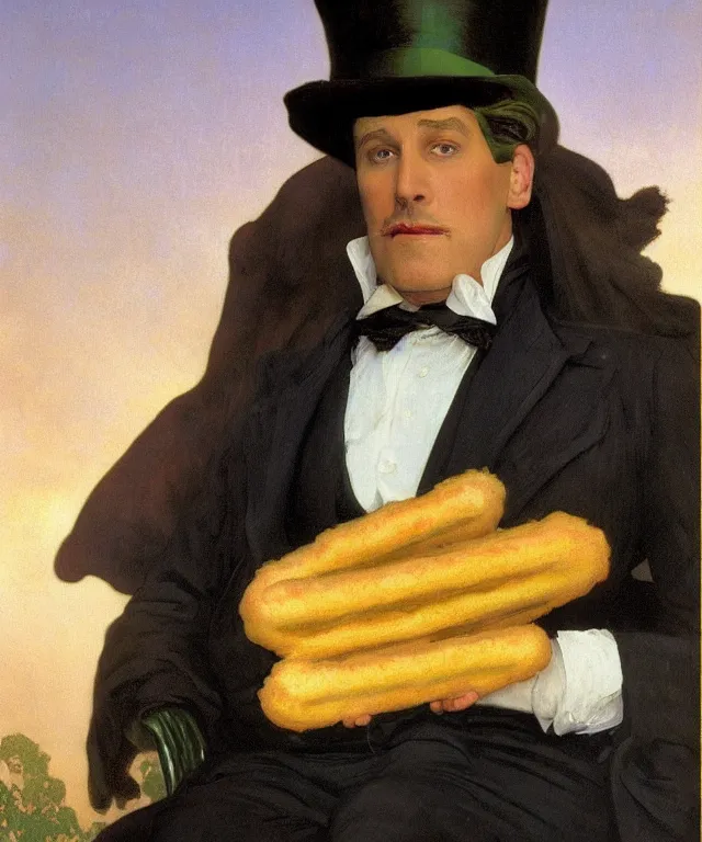 Prompt: Beautiful!! portrait of Doctor Doom as an Edwardian dandy eating a corndog wearing a Velvet suit and a Top Hat sitting on a park Bench at sunset painted by Alphonse Mucha and arnold böcklin and Maxfield Parrish, hyperrealistic oil painting trending on artstation 8k