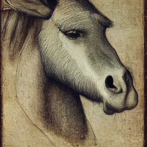 Image similar to portrait of a donkey painted by Leonardo da Vinci, renaissance, head view