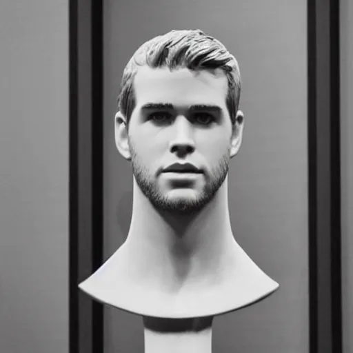 Image similar to “a realistic detailed photo of a guy who is an attractive humanoid who is half robot and half humanoid, who is a male android, actor Liam Hemsworth, shiny skin, posing like a statue, blank stare, at the museum, on display”