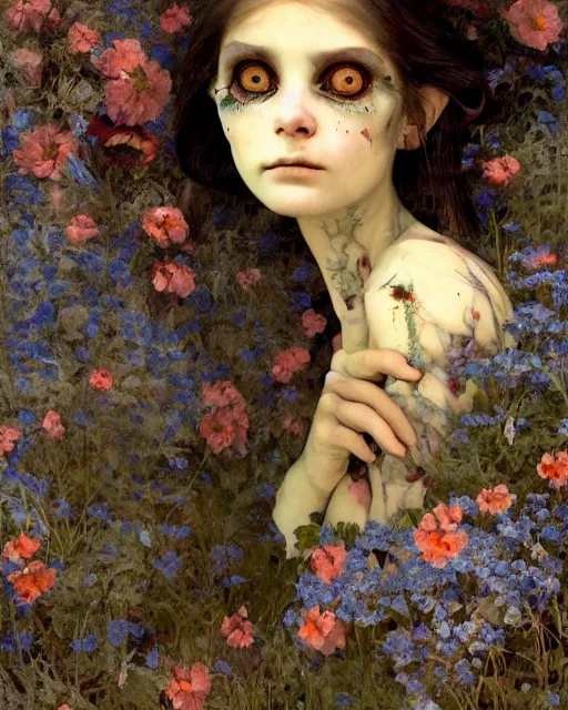 Prompt: a pretty but sinister and creepy goblin in layers of fear, with haunted eyes, violence in her eyes, 1 9 7 0 s, seventies, delicate embellishments, a little blood, woodland, blue dawn light shining on wildflowers, painterly, offset printing technique, by alexandre cabanel