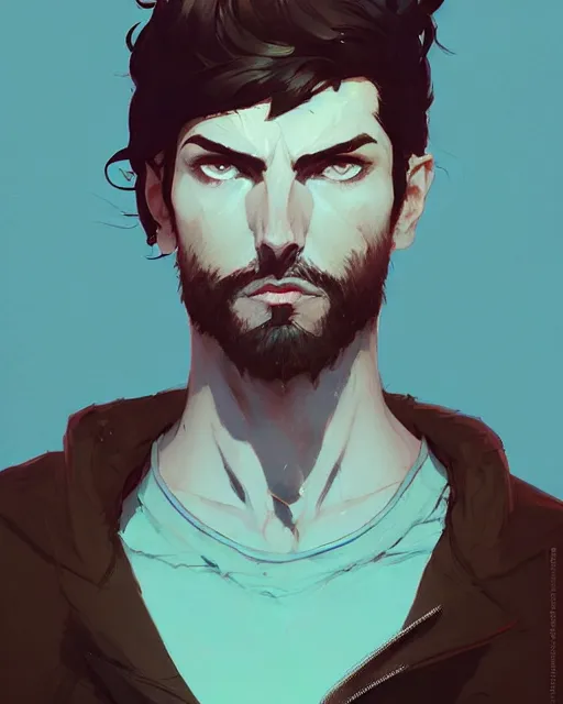 Image similar to portrait of raven male lord with dark hair and golden eyes, by atey ghailan, by greg rutkowski, by greg tocchini, by james gilleard, by joe fenton, by kaethe butcher, dynamic lighting, gradient light blue, brown, blonde cream and white color scheme, grunge aesthetic