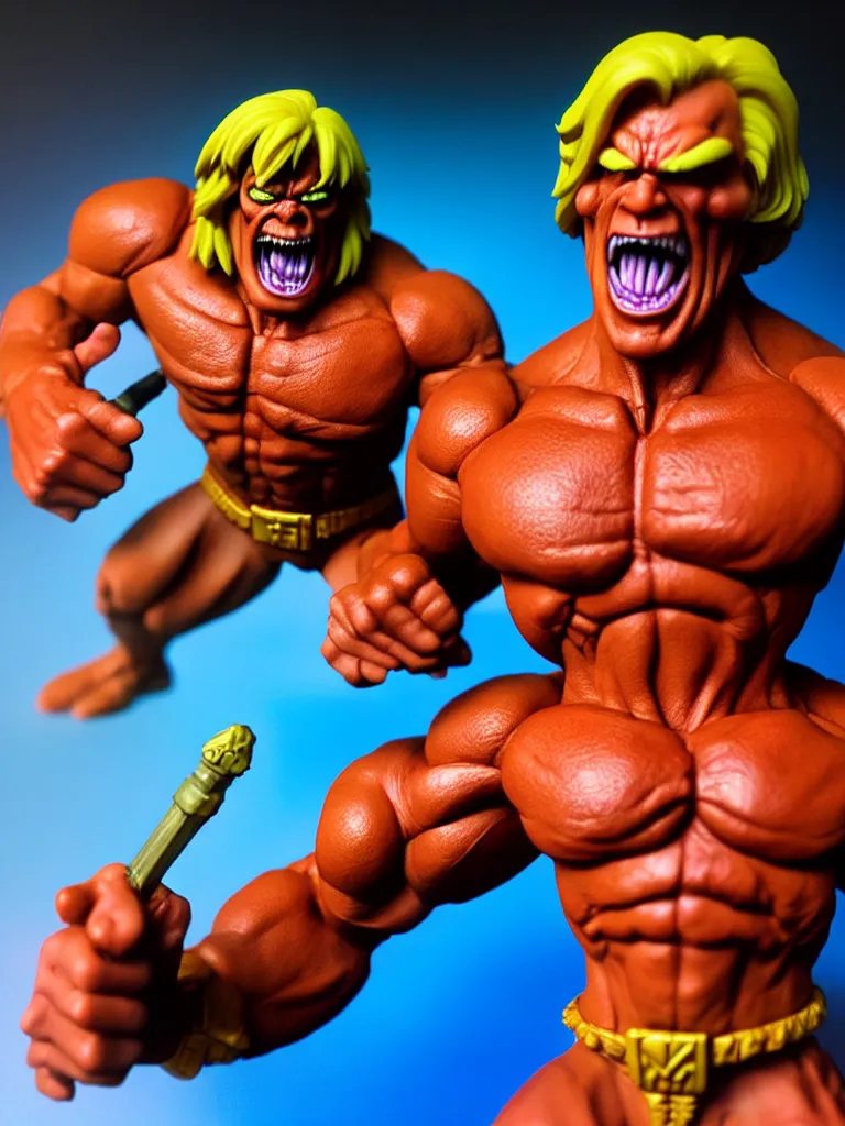 Image similar to hyperrealistic rendering, he - man by art of skinner and richard corben and jeff easley, product photography, action figure, sofubi, studio lighting, colored gels