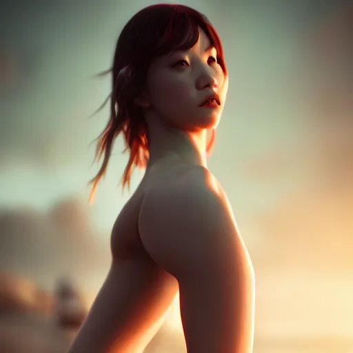 Image similar to a photorealistic hyperrealistic, jade hsu, girl on the beach, beautiful dynamic dramatic low - light moody lighting, cinematic atmosphere, artstation, concept design art, octane render, 8 k