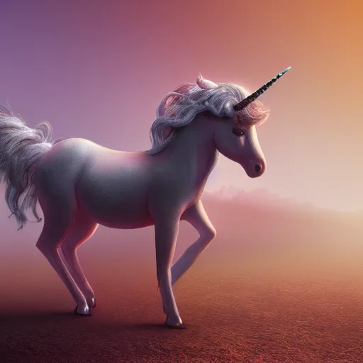 Prompt: a photorealistic fantastic unicorn 🦄 with 👠 on the surface of a volumetric lighting reddish fog on the surface of planet Mars, trending on art station, sci-fi
