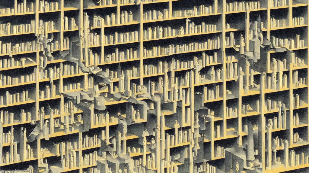 Prompt: A vintage scientific illustration from the 1970s of a labyrinth disguised as a library René Magritte