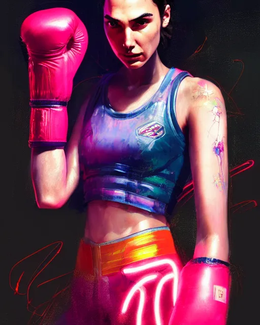 Image similar to detailed portrait Gal Gadot Neon boxer , cyberpunk futuristic neon, reflective crop top and shorts, boxing gloves, decorated with traditional Japanese ornaments by Ismail inceoglu dragan bibin hans thoma greg rutkowski Alexandros Pyromallis Nekro Rene Maritte Illustrated, Perfect face, fine details, realistic shaded, fine-face, pretty face