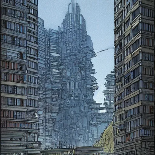 Image similar to concept art of a huge cat - like building in the middle of a city, art by moebius, digital art