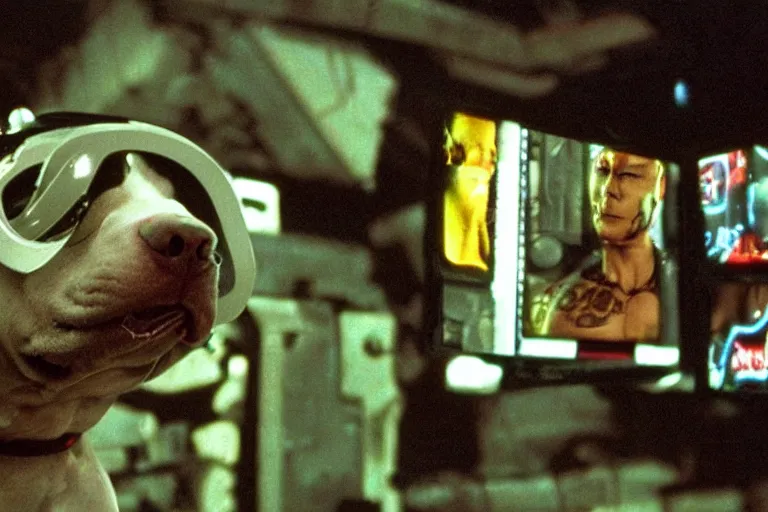 Image similar to cyborg - pitbull, surrounded by screens, in 2 0 0 1, y 2 k cybercore, industrial low - light photography, still from a ridley scott movie