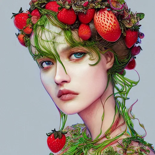 Image similar to the portrait of an absurdly beautiful, graceful, elegant, chaste, young woman made of strawberries and green petals, an ultrafine detailed illustration by kim jung gi, irakli nadar, intricate linework, bright colors, octopath traveler, final fantasy, angular, unreal engine 5 highly rendered, global illumination, radiant light, detailed and intricate environment